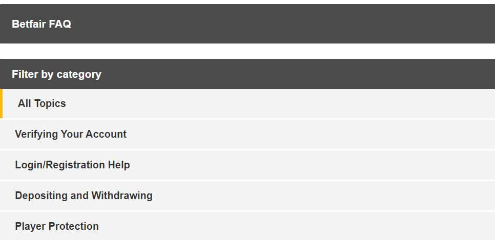 Betfair's FAQ help section