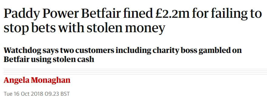 Paddy Power Betfair fined in 2018