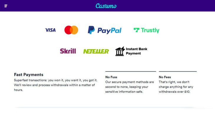 Withdrawal methods at Casumo