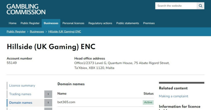 UK licence of Bet365