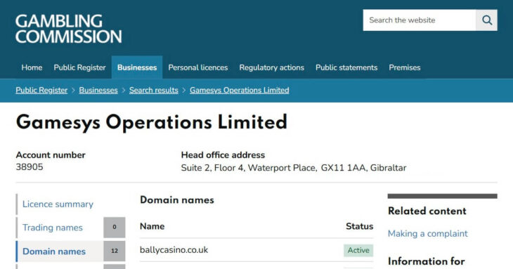 UK licence of Bally Casino