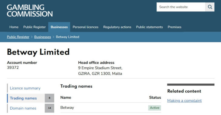 UK licence of Betway Casino