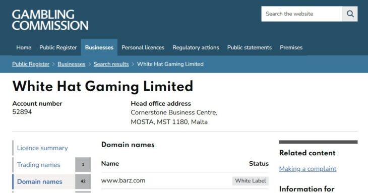 Barz Casino UK licence