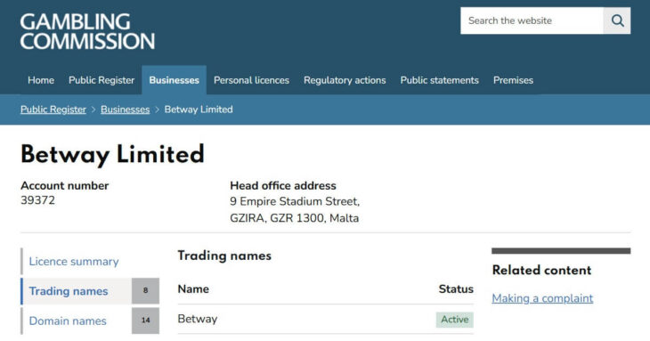 UK licence of Betway