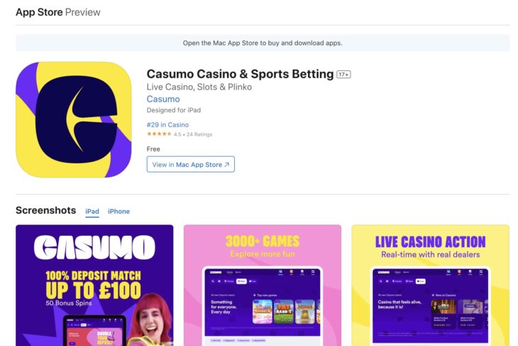 Casumo iPad casino app