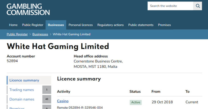 White Hat Gaming UK licence