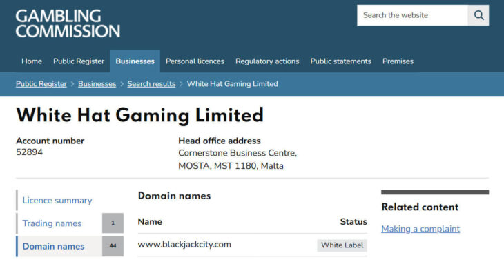 Blackjack City UK licence